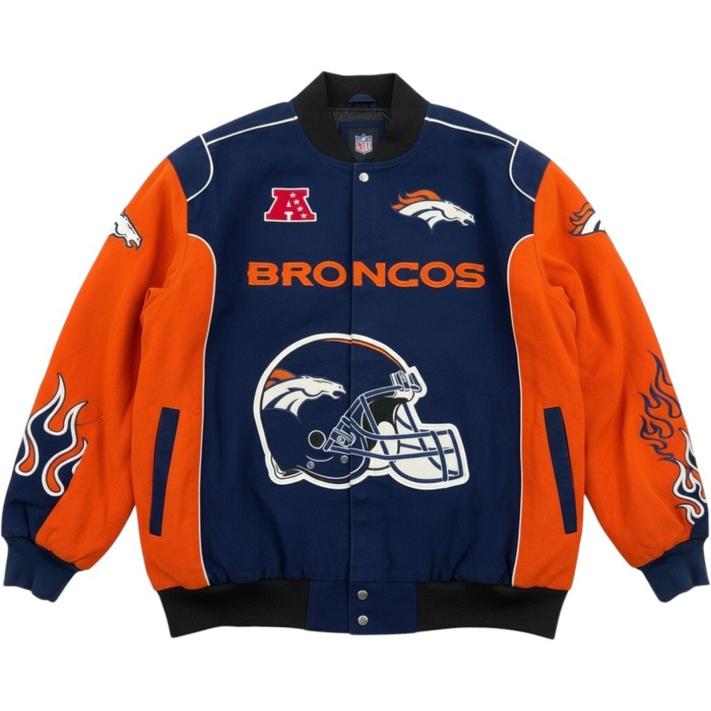 NFL Denver Broncos Varsity Jacket Mens 5XL Navy Orange Flame Embroidered Bomber